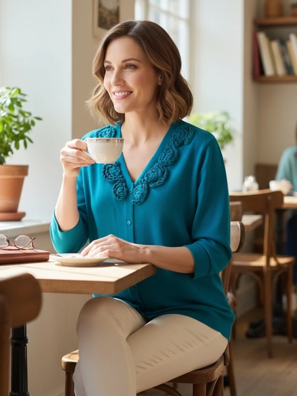 CJ Banks Teal Rosette-Trim Button Cardigan, 3/4 Sleeves, Button Front